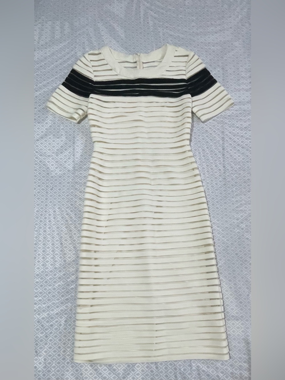 Cream Midi Sheath Dress with Black Chest Stripe